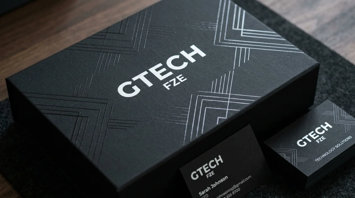 Gtech FZE luxury matte black gift packaging with opaque white printing and clear spot UV gloss geometric patterns