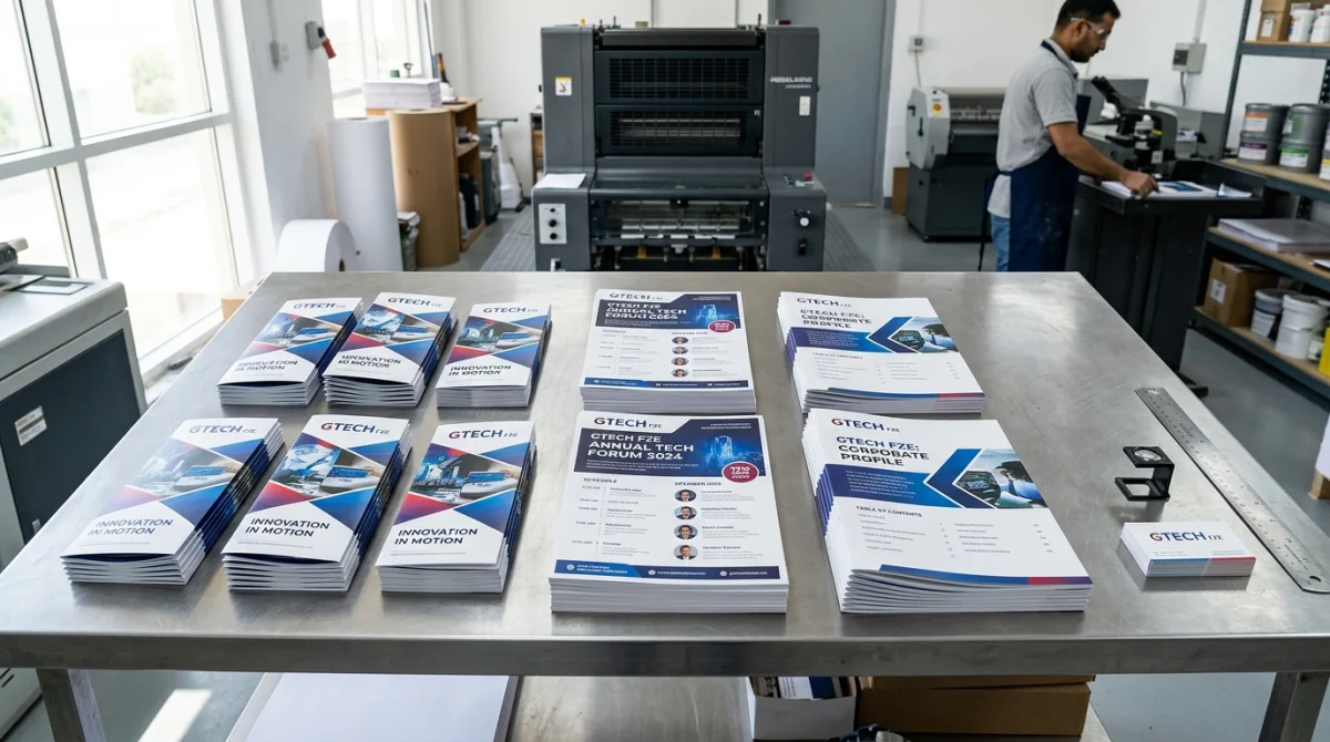 Printed event flyers, exhibition programs, and marketing booklets on a commercial print inspection table