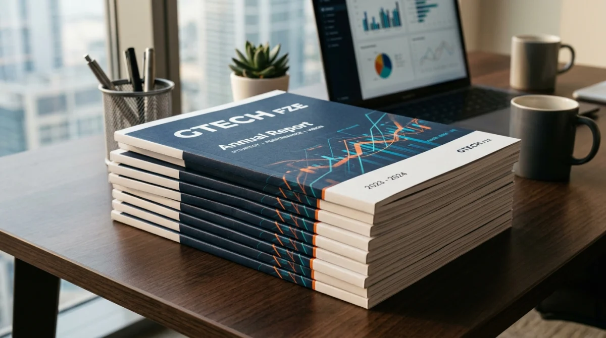 Stack of bound Gtech FZE annual strategy reports and executive booklets on an office desk