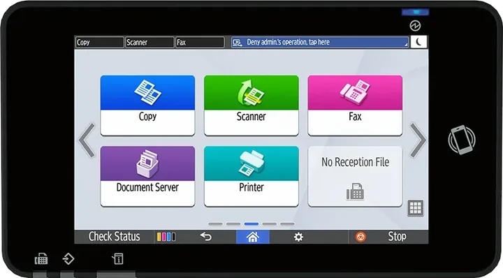 Ricoh Smart Operation Panel showing copy, scanner, fax, document server and printer functions